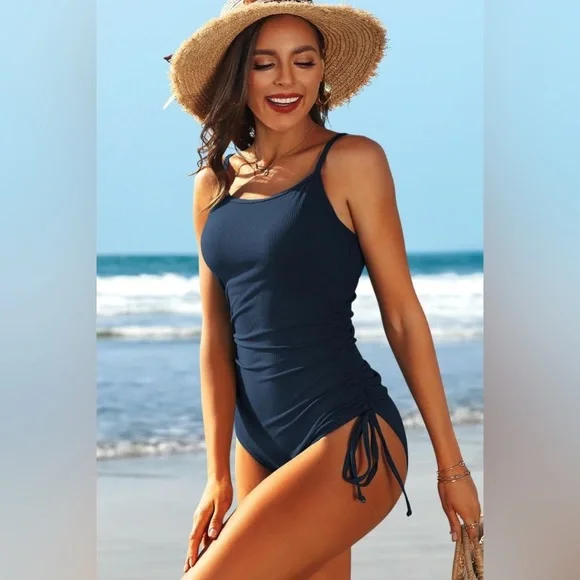 Soft Ribbed Ruched One-Piece Swimsuit - Picture 1 of 12